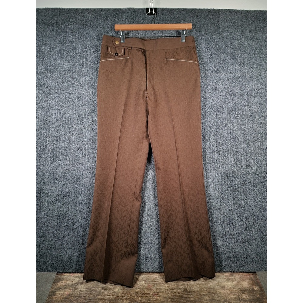 Vintage 70s Flat Front Bootcut Pants Brown Zip Fly Disco Trouser Mens 33x32 RARE